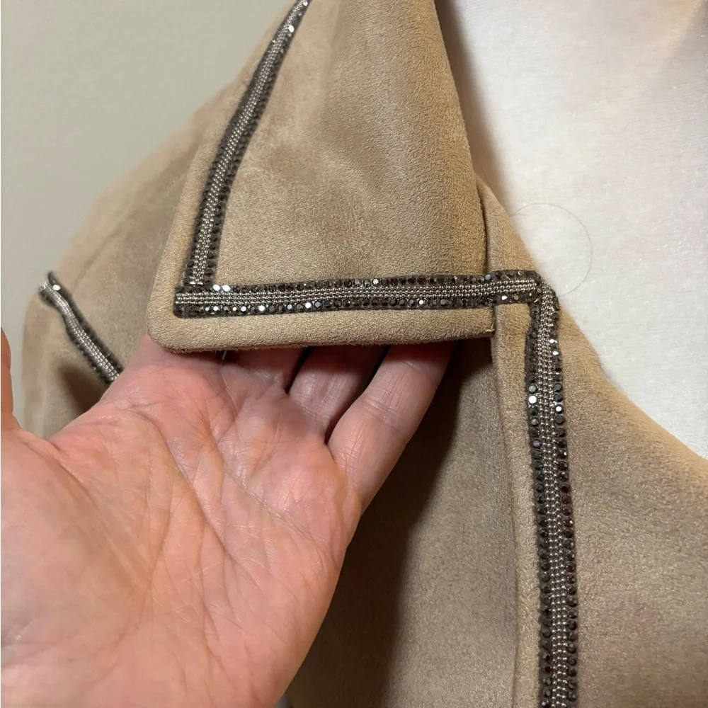 Zara cropped moto jacket coat rhinestones trim beige faux suede M